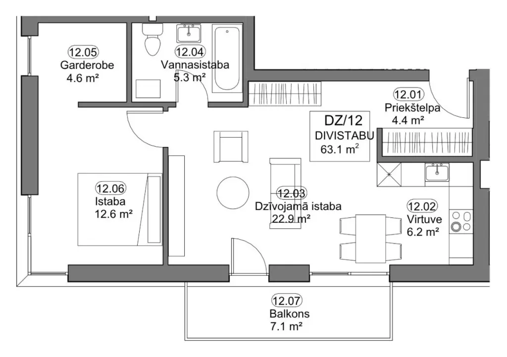 Dzīvokļa Nr. 12 telpu plāns