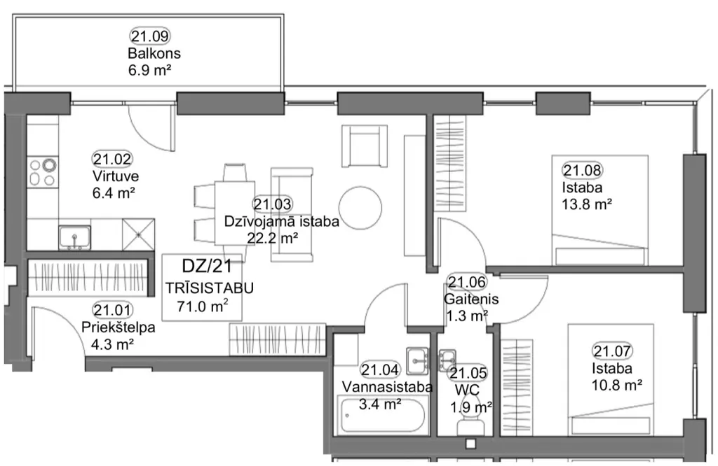 Dzīvokļa Nr. 21 telpu plāns
