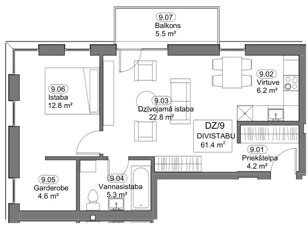 Dzīvokļa Nr. 9 telpu plāns