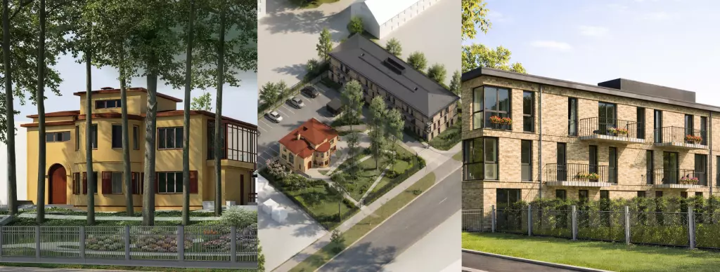 HillGarden Kapseļi: renovētais savrupnams, projekta skats no augšas un jaunā daudzdzīvokļu māja